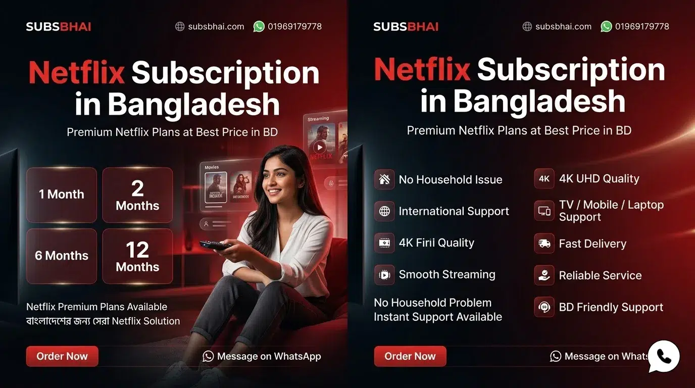 Netflix Price BD poster showing SubsBhai Netflix 1 month, 2 months, 6 months and 1 year plans in Bangladesh with Household Helper support